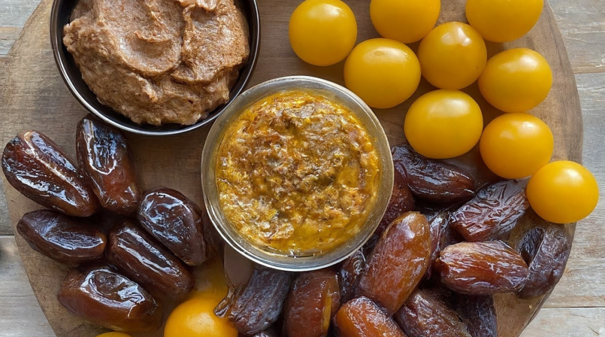 dates, yellow tomatoes, and spreads on a board