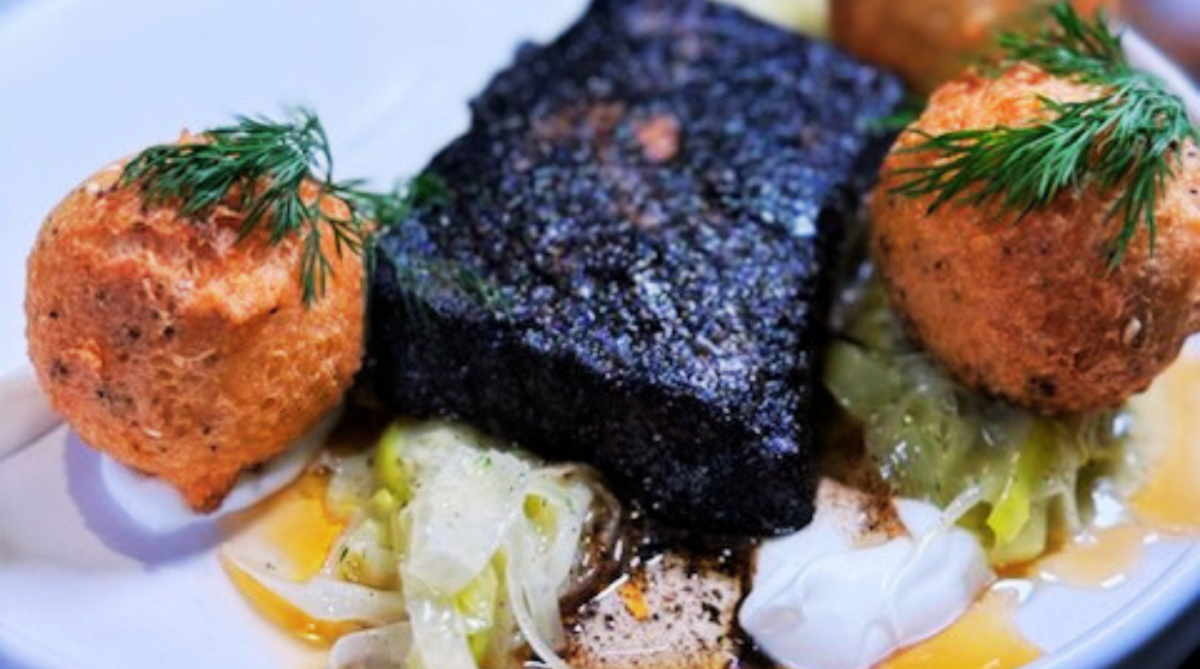 Blackened Pier 22 Premium Icelandic Salmon With Dill Pickle Leeks Vinaigrette & Everything Fritters